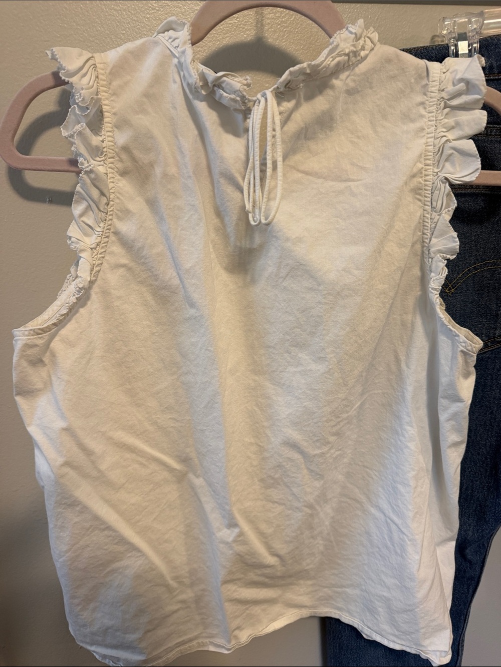 J-Crew Large White Sleeveless Ruffle-Trim Cotton Blouse - Picture 4 of 5